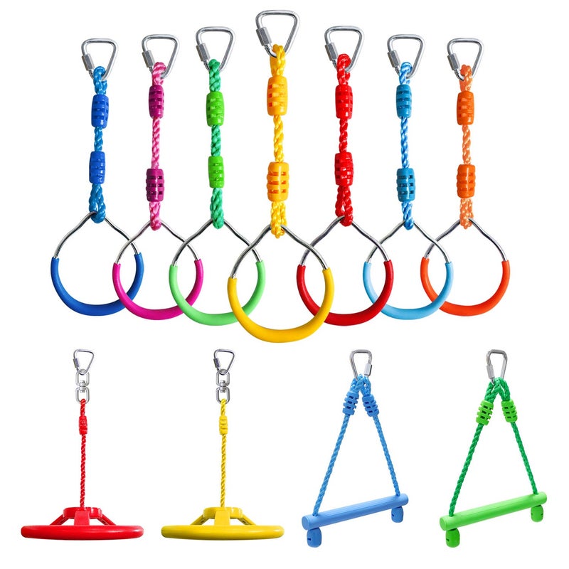 Rainbow Craft Craft Ninja Warrior Obstacle Course Accessories Kids Outdoor Play - 7pc Rings, 2pc Swing Trapeze Wheels & 2pc Monkey Bars - Image 1